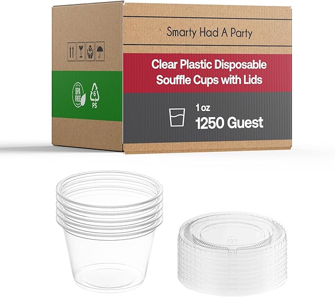 Smarty Had A Party 1250 Sets of Clear Plastic Disposable Souffle Cups with Lids 1 oz. Small Dessert and Portion Cups with Lids