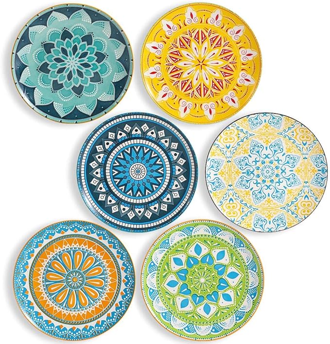 AHX Dinner Plates Ceramic Plate Set - 10 Inch Large Porcelain Round Plate Sets of 6 - Flat Colorful Pattern Dining Plates for Kitchen | Family - Dishwasher | Microwave | Oven Safe