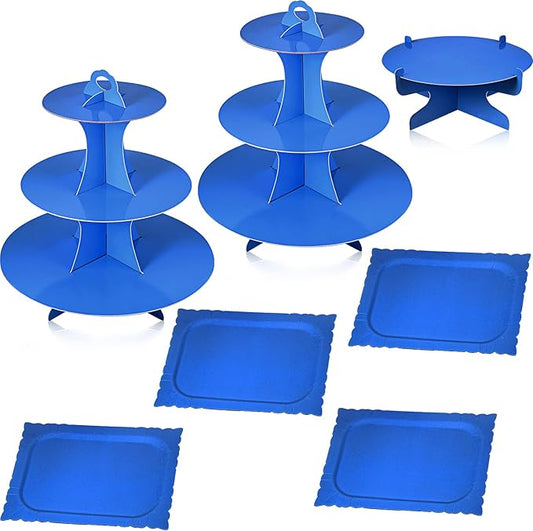 Zopeal 7 Pcs Dessert Table Display Set 3-Tier Cupcake Stand 1-Tier Cup Cake Display Tower Platters and Serving Trays Cardboard Cake Cookie Holders for Wedding Birthday Party Baby Shower(Blue)