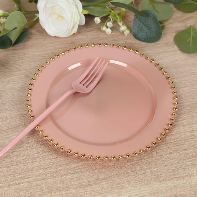 8" Salad Plates - Set of 10 - Plastic Dusty Rose Round Disposable Dessert Appetizer Plate with Gold Beaded Rim, Ideal for Dinner Party Wedding Bulk Events