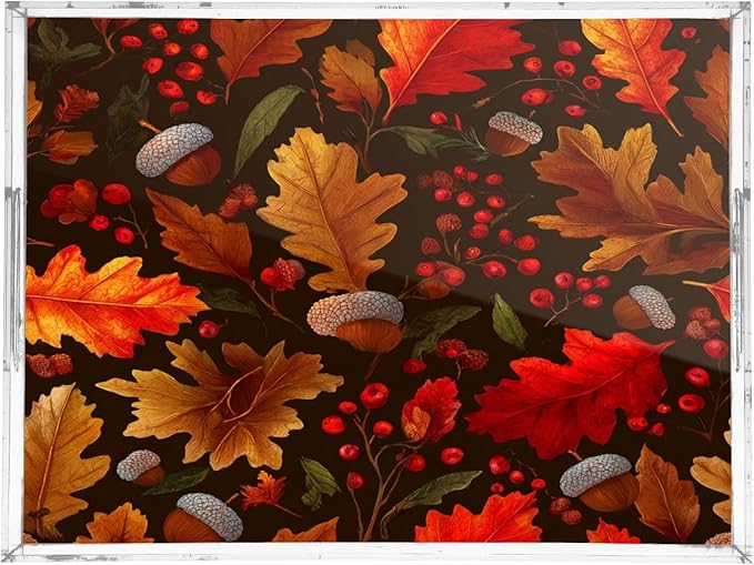 Serving Tray with Handles Clear Acrylic Tray 12x16 Inch Decorative Rectangular Tray Organizer for Ottoman Coffee Table Bathroom Autumn Maple Leaves Acorns Berries
