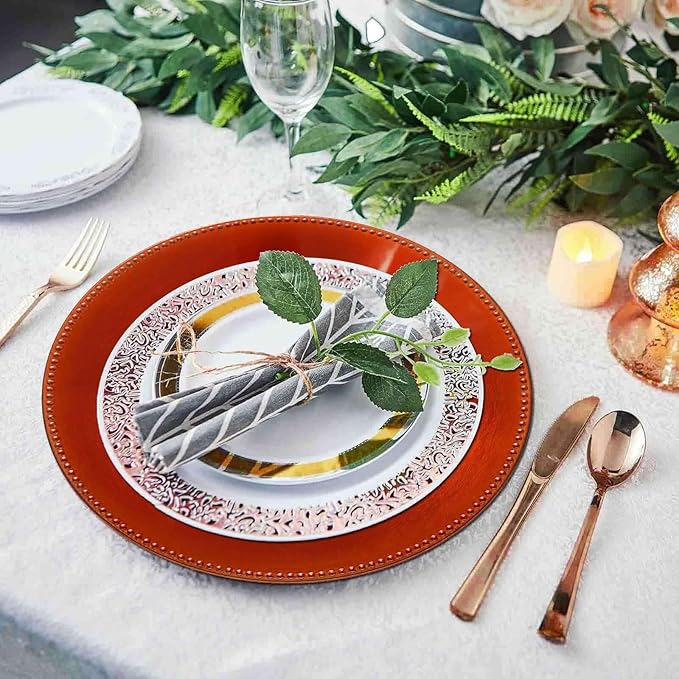 13" Charger Plates -Set of 12 - Acrylic Orange Round Beaded Disposable Chargers, Ideal for Dinner Party Wedding Bulk Events Tabletop Decoration