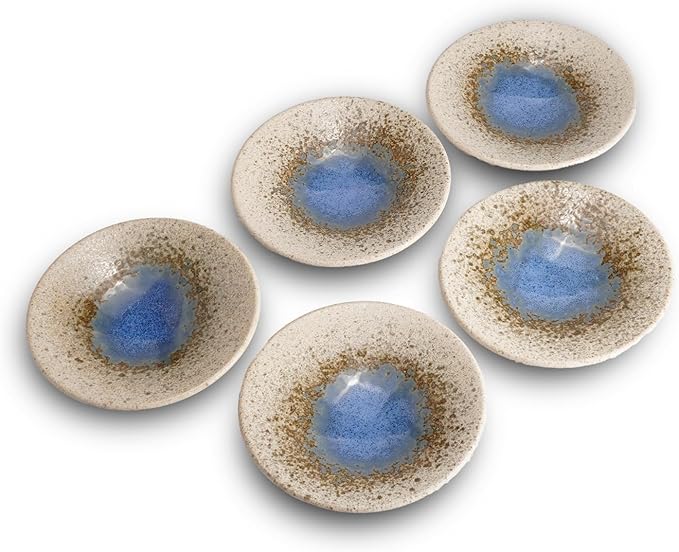 Mino Ware Ceramic Plates Set of 5, 5.5-Inch Japanese Small Appetizer & Dessert Dishes, Handcrafted Blue Watercolor Glaze Design, Microwave & Dishwasher Safe, Made in Japan