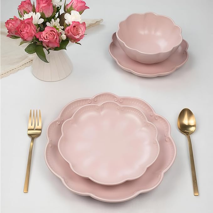 Sango 12 Pieces Scalloped Dinnerware Set, Modern Pink Dishes for 4, Premium Serving Plates & Bowls Sets, Chip & Scratch Resistant, Ceramic Dishware, Kitchen Dish, Microwave & Dishwasher Safe, Bethany
