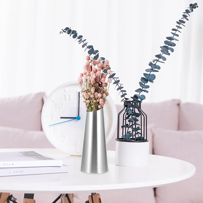 Stainless Steel Metal Vase Decorative Flower Bottle Tabletop Ornament for Home Office Garden Decor Modern Silver Desktop Arrangement