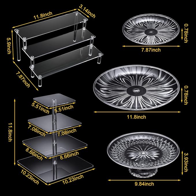 6 Pcs Acrylic Cake Stands Set Include 2 Display Risers 1 Pcs 4 Tier Cupcake Tower and 3 Clear Round Dessert Trays Cake Table Holder for Wedding Baby Shower Decoration(Classic Style)
