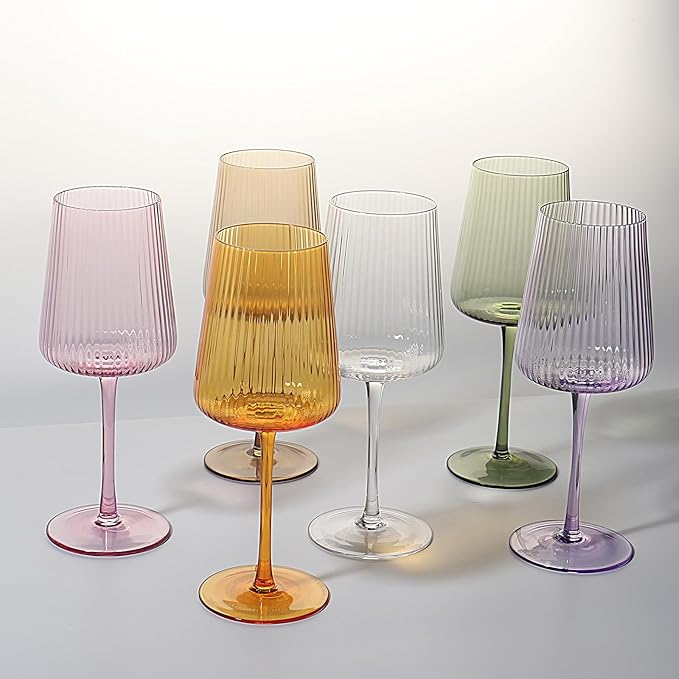 Hand Blown Ribbed Wine Glasses with stem, Lead-Free Crystal Glasses, Luxury Gift, Set of 6, Unique, 18oz Premium Wine Goblet, Large capacity, Fluted Design (6pcs mixed colored)