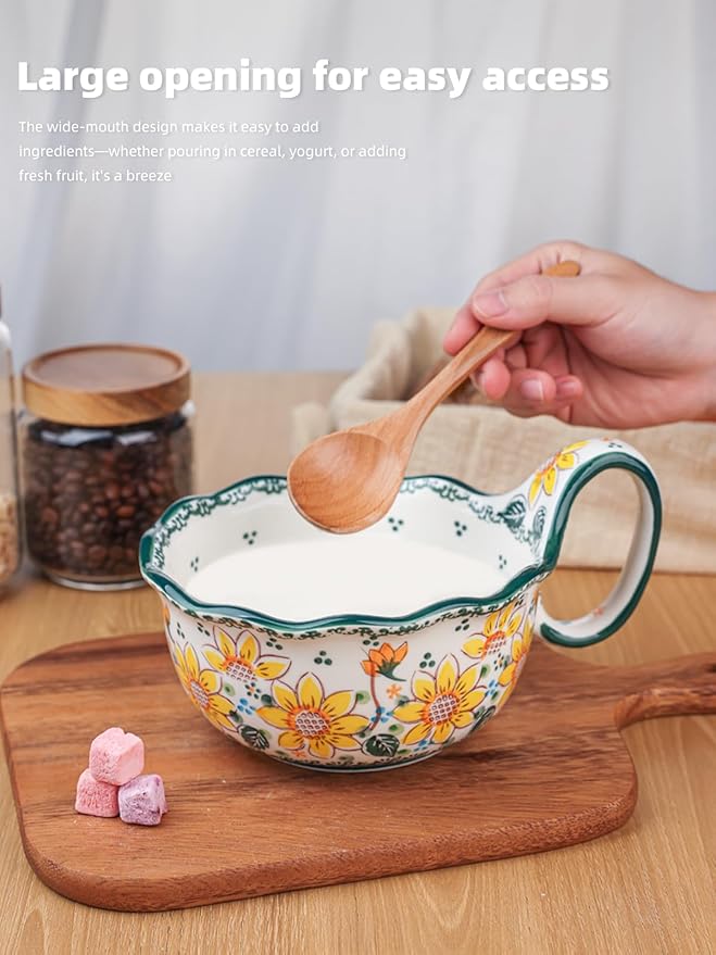 silesia Handmade Ceramic Soup Bowl, 30 oz Hand Painted Bowl with Loop Handle, Floral Design Cereal Bowl for Soup, Ice cream, Snack, Microwave & Dishwasher Safe (Sunflower)