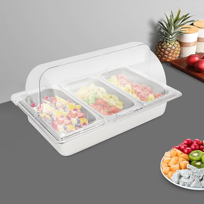 Countertop Food Serving Display Container with Clear Roll Top Cover, Stainless Steel Food Serving Tray Buffet Condiment Dispenser for Parties, Hotels, Weddings