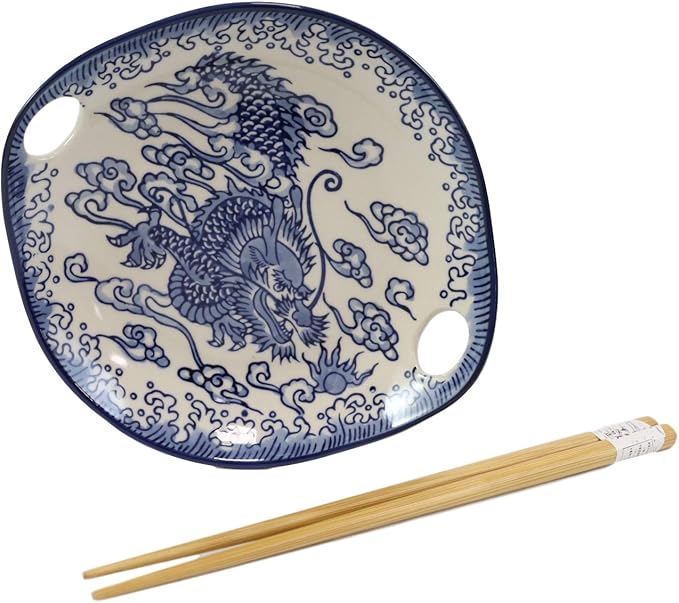 Ebros Blue White Ming Nine Dragons Dragon King Appetizer Snack Serving Coupe Plate Dish With Chopsticks And Built In Rest Set Small Flat Bowl For Hors D'oeuvres Sushi Ice Cream Serveware Plates