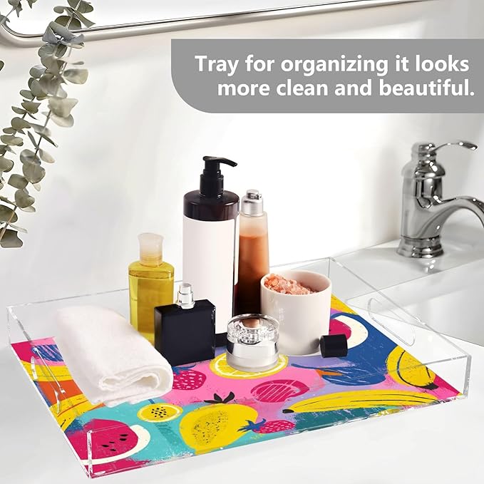 Serving Tray with Handles Clear Acrylic Tray 12x16 Inch Decorative Rectangular Tray Organizer for Ottoman Coffee Table Bathroom Colorful Watermelon Banana Strawberry Mango