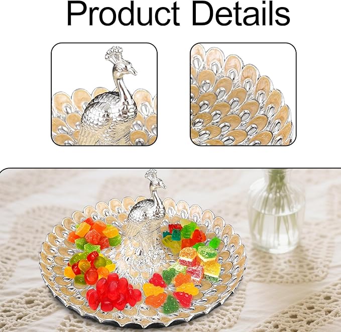 Fruit Dish Cosmetic Tray Peacock Sturdy Snack Storage Plate Vanity Storage Holder Serving Tray for Trinket Jewelry Wedding, Silver Orange Yellow