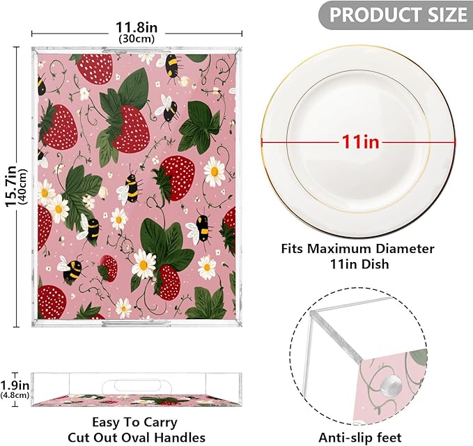 Serving Tray with Handles Clear Acrylic Tray 12x16 Inch Decorative Rectangular Tray Organizer for Ottoman Coffee Table Bathroom Pink Bees Flowers Strawberry