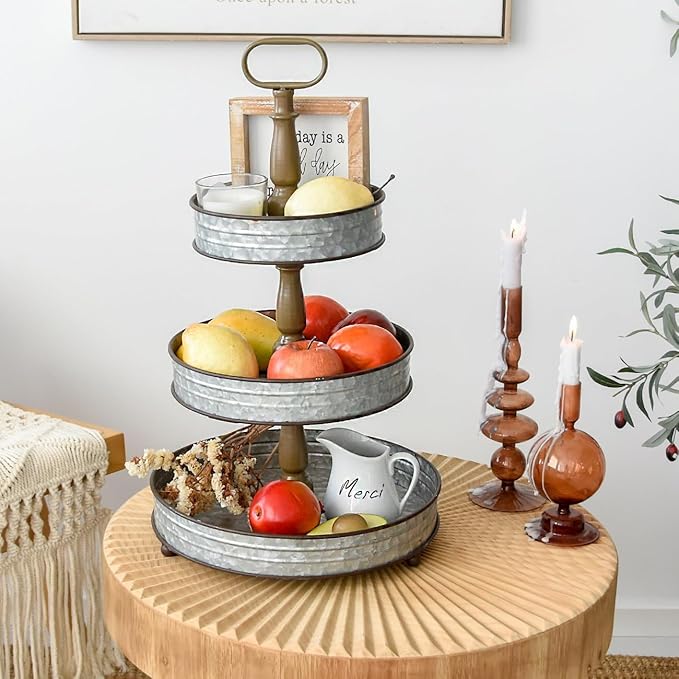 MODE HOME Farmhouse 3 Tiered Tray Stand, Decorative Metal Serving Tray with Handle for Kitchen, Dining Room, Shelf Coffee Bar, Seasonal Display Tiered Tray Decor, Galvanized Gray Finish