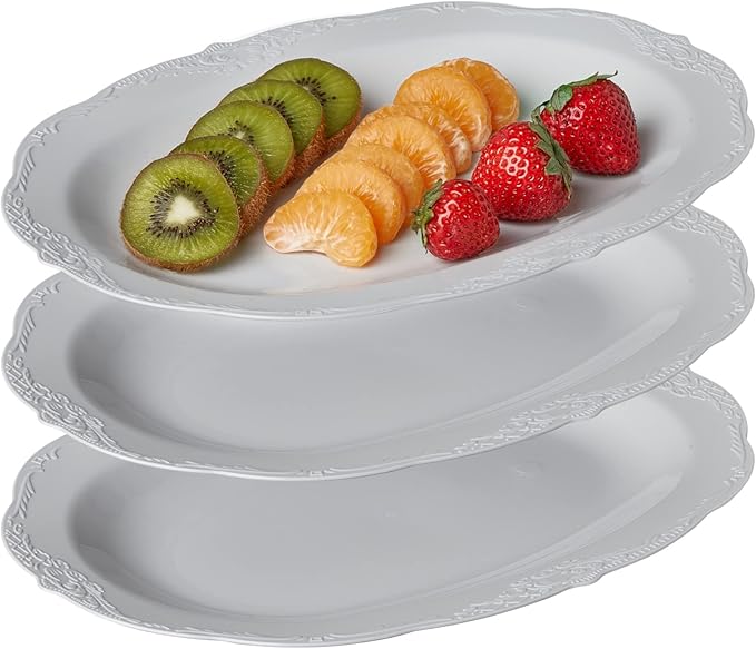 Vintage Embossed Serving Trays (3 PC) Disposable Platters for Party 12.5" x 9", Plastic Trays for Food, Snacks, Charcuterie, Desserts, Sweets, Perfect for Upscale Weddings, Buffets, and Events - Grey