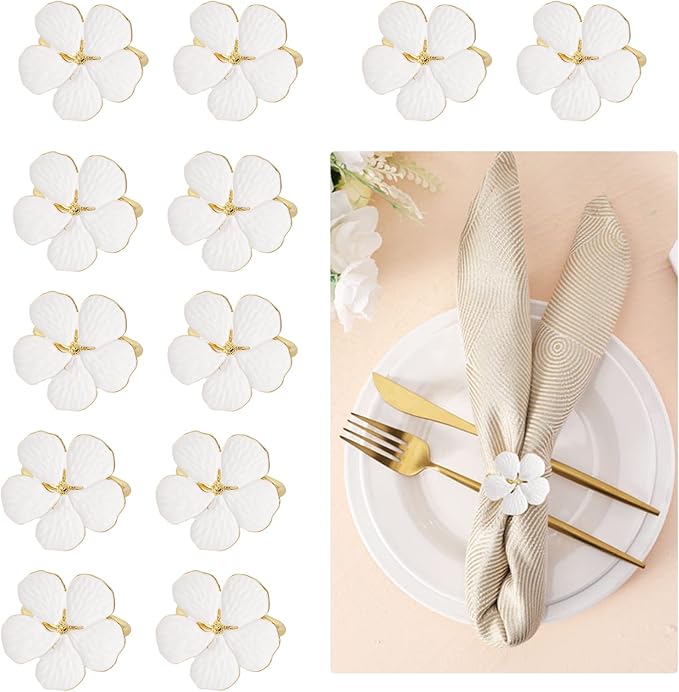 Lewondr Napkin Rings, Set of 12 Flowers Napkin Ring Holders Dinner Tables Rings Elegant Ornament Table Setting Decoration for Wedding, Christmas, Thanksgiving, Birthday, Holiday, Party, White