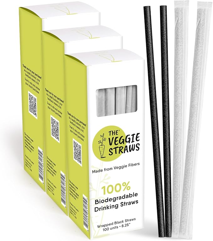 – 300 PCS of 8.25 Inches Individually Wrapped Black Biodegradable Straws – Made of Vegetable Fibers, Best Environment Friendly Drinking Straws for Hot and Cold Beverages