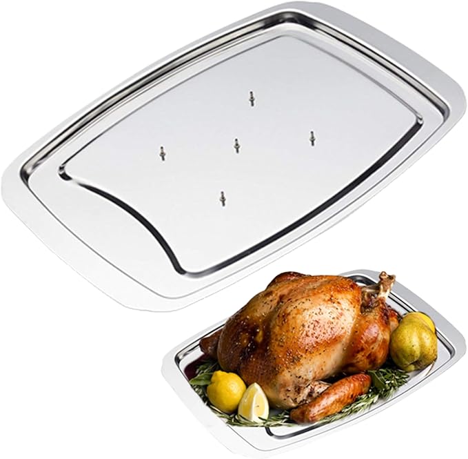 Gcroet Stainless Steel Carving Tray Spiked Meat Dish with Spiked Caps Polished Non-Slip Serving Tray Turkey Pan for Slicing, Cutting, Chopping..