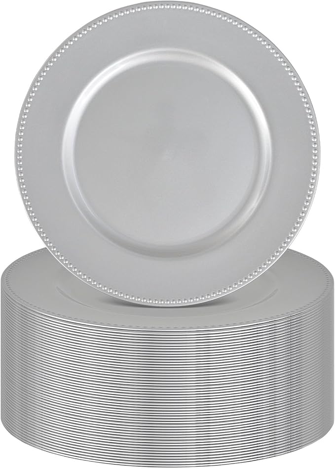 50 Pcs Silver Charger Plates Round Charger Plates13 Inch Bulk Wedding Dinner Elegant Reusable Plastic Chargers Plates Wedding Holiday Party Baby Shower Event Decoration (Silver)