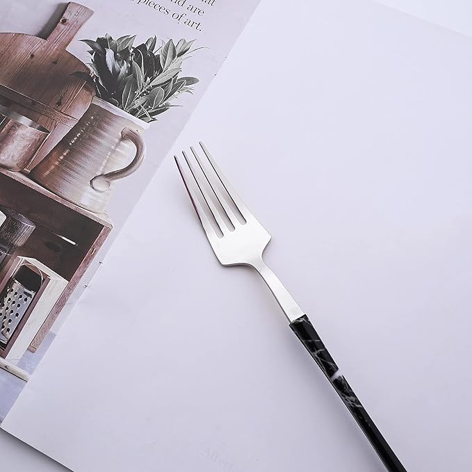 Cooking Black Silver Flatware Set, Stainless Steel Silverware Set 20 Piece with Black Marble Texture, Tableware Cutlery Set Service for 4, Include Knife Fork and Spoon, Dishwasher Safe