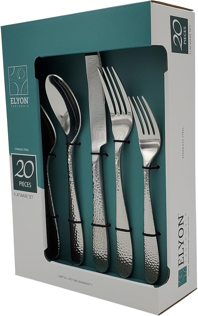 Elyon Carroll Hammered 20-Piece Reflective Silver Flatware Set, Stainless Steel, Service For 4