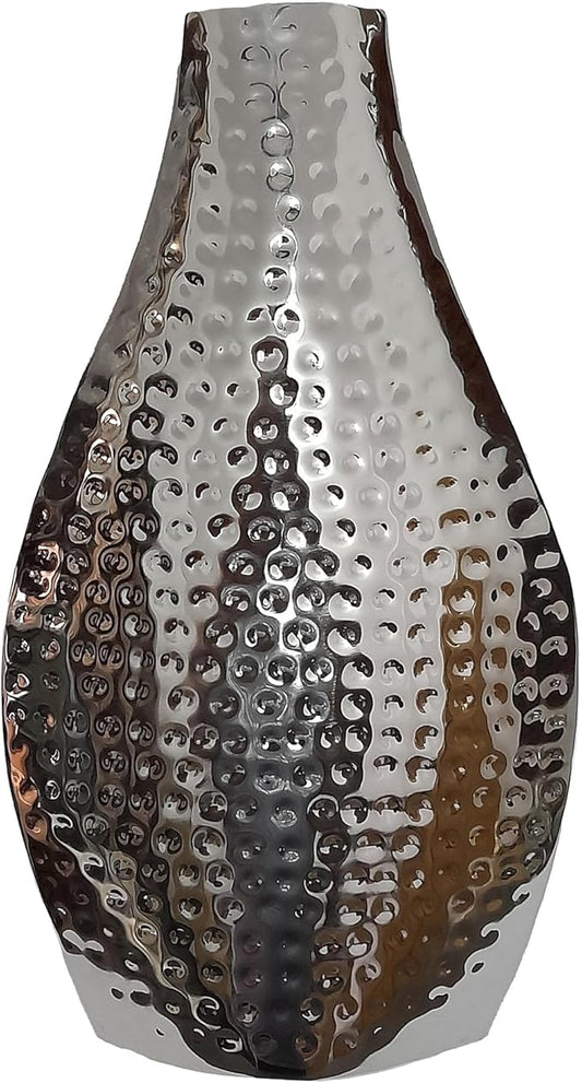 Contemporary Hammered Design - Narrow Neck - 17 x 8.25 Inch Polished Silver Tone Stainless Steel Flower Vase