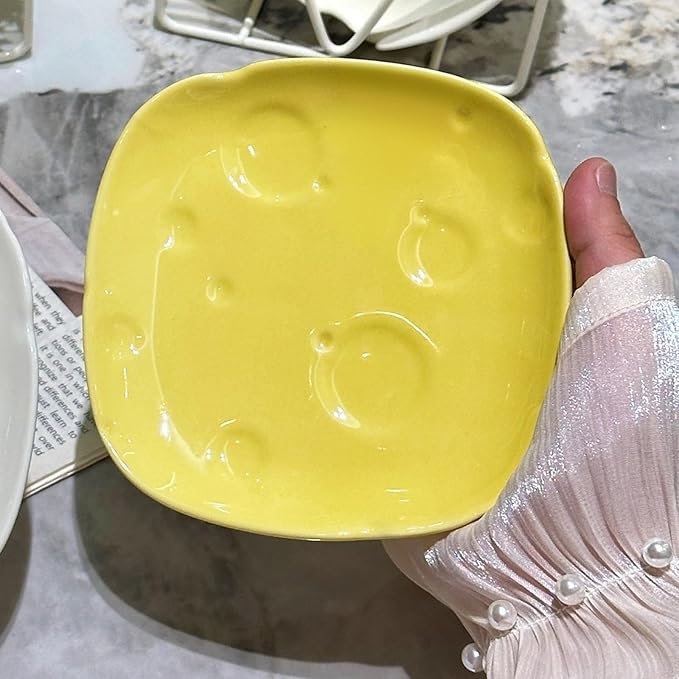 Cheese-Themed Ceramic 5.5in Small Appetizer Plates Set with Hoder,Square Plates for Dessert,Saucer,Microwave&Dishwasher Safe (cheese yellow)