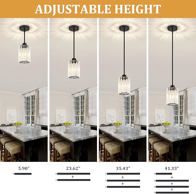 2 Pack Black Pendant Light, Modern Crystal Pendant Lights Kitchen Island Lighting, Hanging Light Fixtures Mini Chandelier Pendant Lights for Island Dining Room Hallway Bedroom