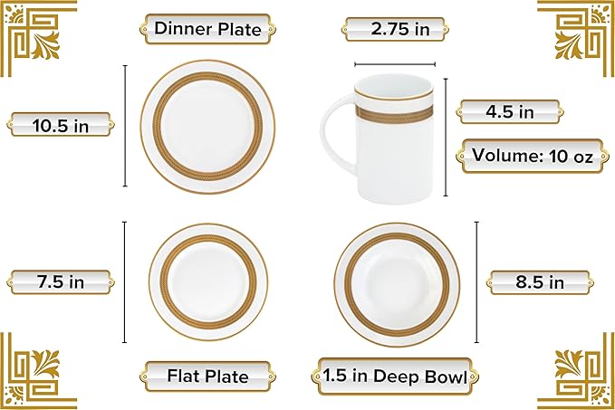 Dinnerware Set for 4 - White with Gold Rope Vintage Design - Porcelain Dish Set Tableware Setting with Mug for Every Day Use or Formal Occasions (Rope 2016, 16 PIECE SET)