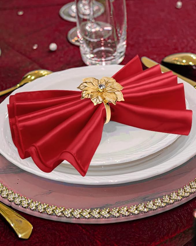 CROWN GUIDE 12 Pack Gold Napkin Rings and Cloth Napkins Set of 6, 17x17 Satin Cocktail Napkins Bulk Table Napkins Holder for Wedding Reception Personalized Napkins Bridal Shower for Party Decorative