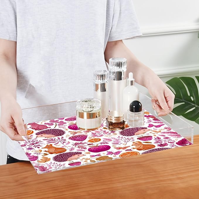 Serving Tray with Handles Clear Acrylic Tray 12x16 Inch Decorative Rectangular Tray Organizer for Ottoman Coffee Table Bathroom Hedgehogs Squirrel Mushroom Pink