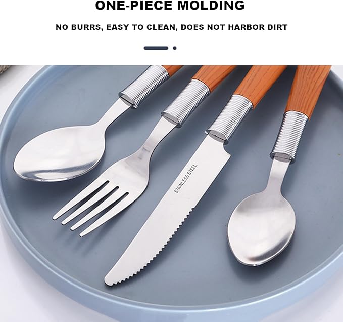 32-Piece Silverware,Service for 8，Woodgrain 410 Stainless Steel Portable Serving Set,Well Made，Ergonomic，Durable，Family Gatherings，Picnic，Everyday Household，Mirror Finish, Gift Box