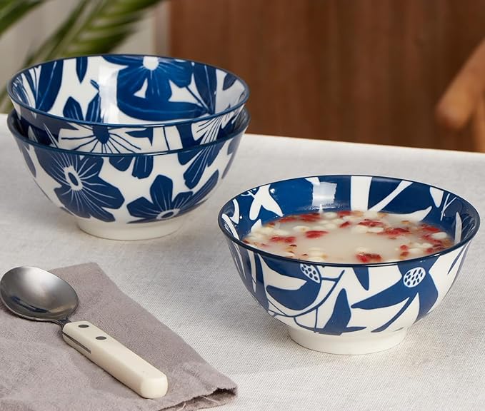 ONEMORE Ceramic Soup Bowls, 10 oz Cereal Bowls Set of 4, Blue Porcelain Bowls for Dessert, Ice Cream, Fruit, Scratch Resistant, Microwavable Dishwasher & Oven Safe, Stackable Kitchen Bowls