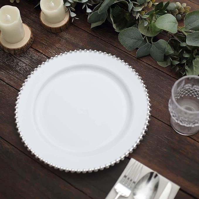 10" Dinner Plates - Set of 20 - Plastic White/Silver Round Disposable Plate Beaded Rim, Ideal for Decoration Party Wedding Bulk Events