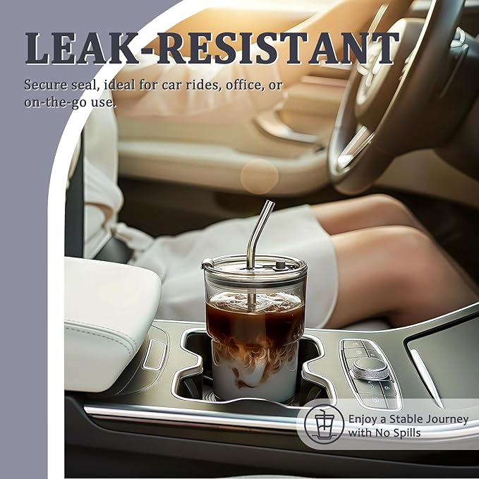 Lyghei 2 Packs Glass Tumbler with Lid and Straw 13 oz Cute Ice Coffee Cup Set Bulk Vasos de Vidrio Con Tazas Para Cafe Cocina Accesorios Home Bar Accessories New House Warming Gift Kitchen Stuff
