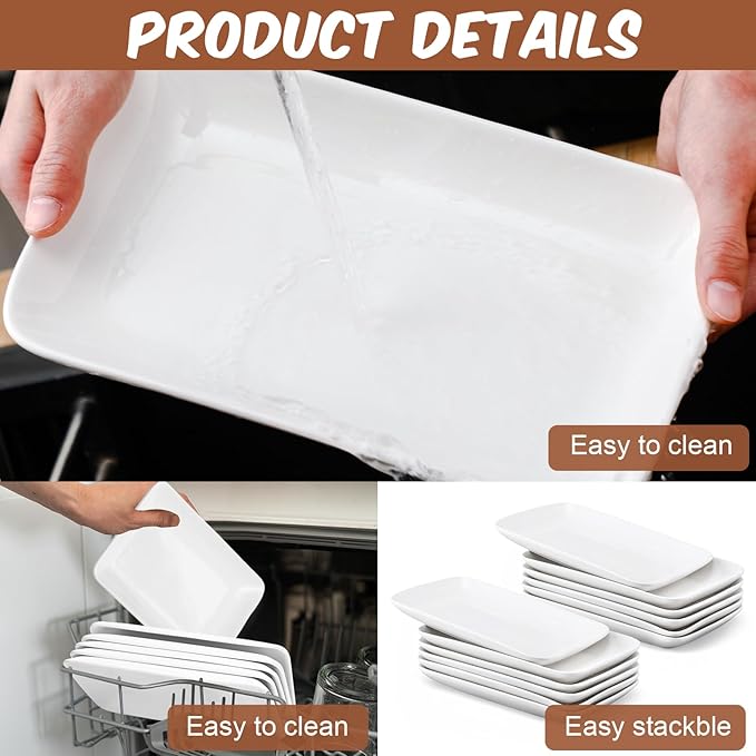 Irenare 12 Pcs 10 Inch Rectangular Salad Plates White Rectangular Porcelain Dessert Plates Appetizer Serving Tray Rectangular Porcelain Platters for Fruit Sushi Dinner Parties, Microwave, Oven Safe