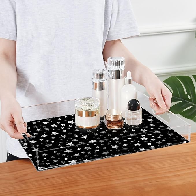 Serving Tray with Handles Clear Acrylic Tray 12x16 Inch Decorative Rectangular Tray Organizer for Ottoman Coffee Table Bathroom Sparkly Silver Stars