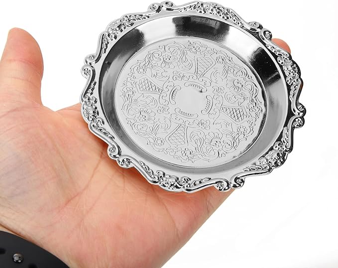 6pcs Serving Tray Set, 4in Small Vintage Decorative Round Metal Platters, Reusable Serving Dishes Party Appetizer Tray for Snack Fruit Sushi Buffet, Silver