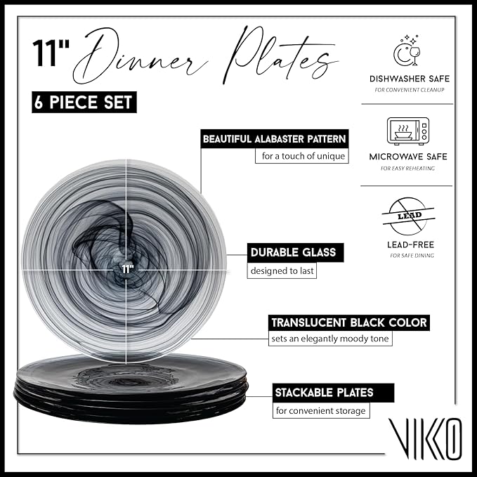 Vikko Dinner Plates, Set of 6 Black Alabaster Plates, 11" Plate with Marbelized, Swirl Design, Elegant Glass Plate, Dishwasher Safe