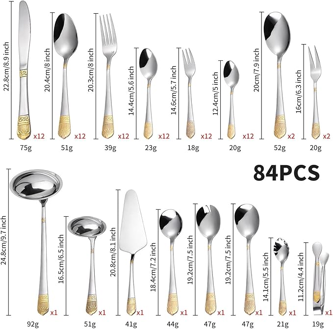 72/84 PCS Luxury Flatware Set, in a Flatware Organizer for Drawer, Silverware Flatware Serving Set for 12 with Gold Accents for Formal Events, Parties(A,84pcs)