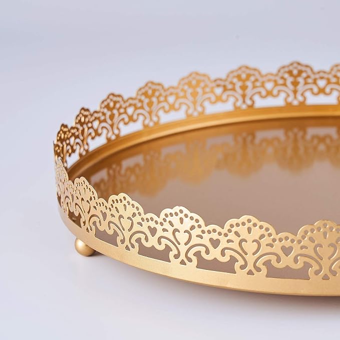Plastic Round Premium Decorative Serving Tray with Embellished Rims - Gold