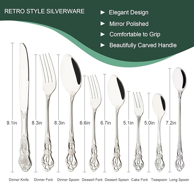 Shiny Silver 48-Piece Family Cutlery Set 18/0 Stainless Steel Fancy Flatware Set Service for 6 Luxury Retro Metal Forks Knives Spoons Silverware Set Mirror Polished