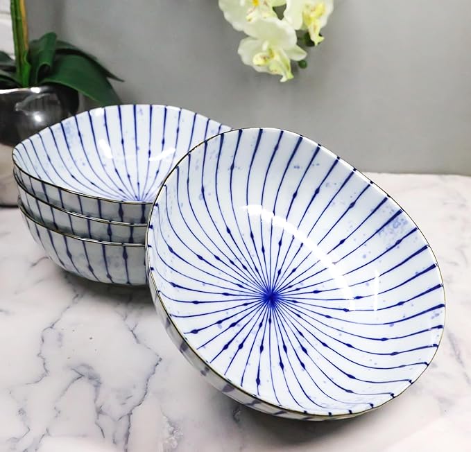Ebros Gift Artistic Blue Waves Fubuki Tokusa Made In Japan Dinnerware Serveware Kitchenware Set Asian Japanese Restaurant Supply (Pack Of 4 Round Flair Medium Shallow Bowls 44oz)
