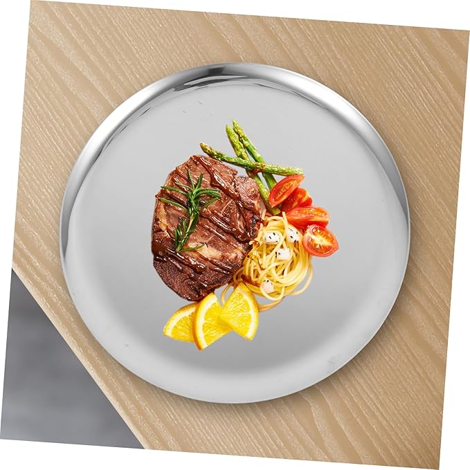 Stainless Steel Round Serving Tray Large Capacity Food Plate for Meat Snacks Fruits and Vegetables Versatile Platter for Home Dining and Buffet Use