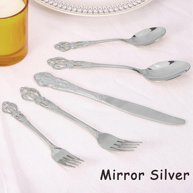 20 Piece Gorgeous Retro Royal Silverware Set for 4, Premium Stainless Steel Flatware Set with gift box, Mirror Polished Cutlery Set Including Spoons and Forks, Vintage Utensils, Dishwasher Safe