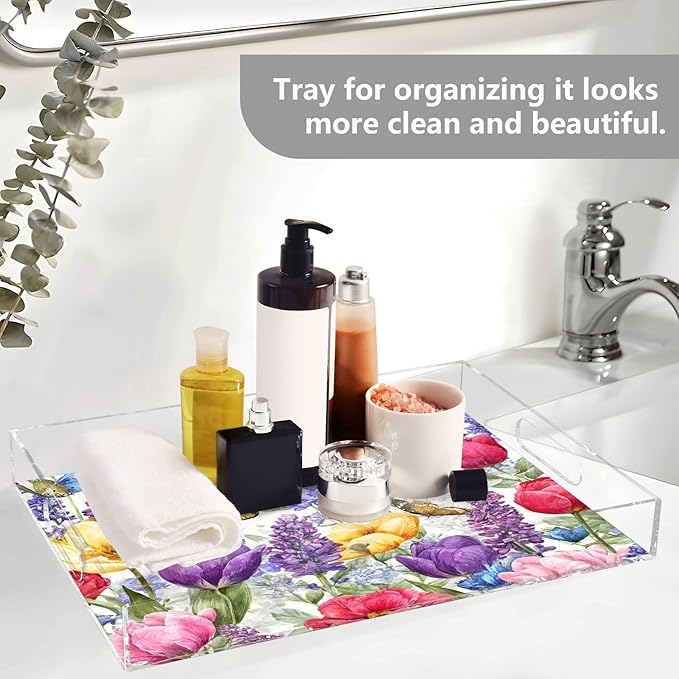 Serving Tray with Handles Clear Acrylic Tray 12x16 Inch Decorative Rectangular Tray Organizer for Ottoman Coffee Table Bathroom Tulips Lavenders Purple Butterfly