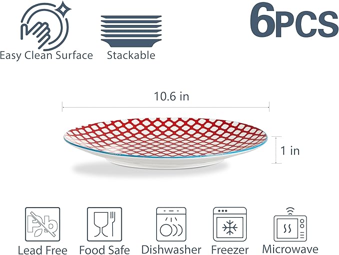 ONEMORE Colorful Dinner Plates Set of 6,10.5 inch Porcelain Salad Plates - Microwave, Oven & Dishwasher Safe Large Ceramic Plate for Pasta, Pizza - Geometric Style Scratch Resistant - Assorted Colors