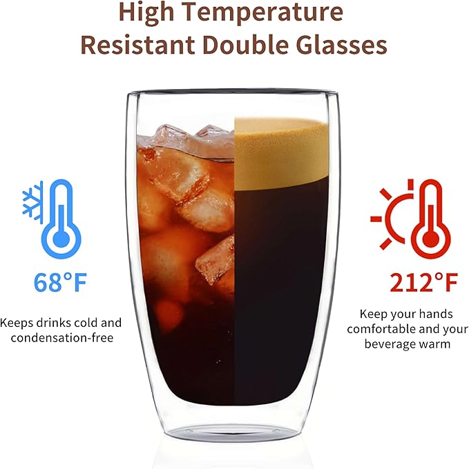 MESNEY 17 Oz(500ml) Double Walled Glass Coffee Mugs, Glass Coffee Mugs Set of 2, Insulated Clear Cappuccino Latte Mugs for Home, Cafe & Restaurant, Durable Stackable Drinking Glasses