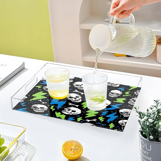 Serving Tray with Handles Clear Acrylic Tray 12x16 Inch Decorative Rectangular Tray Organizer for Ottoman Coffee Table Bathroom Skull Lightning Colorful