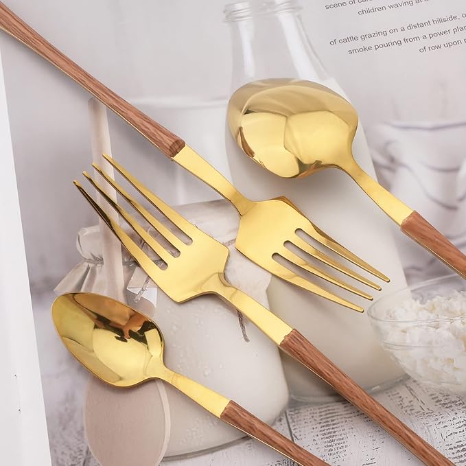 25 PCS Silverware Set with Storage Holder - Family Flatware Set Service for 6 - Gold Stainless Steel Cutlery Set with Wood Grain Handle - Tableware Utensils Set with Hanging Rack - Mirror Polished